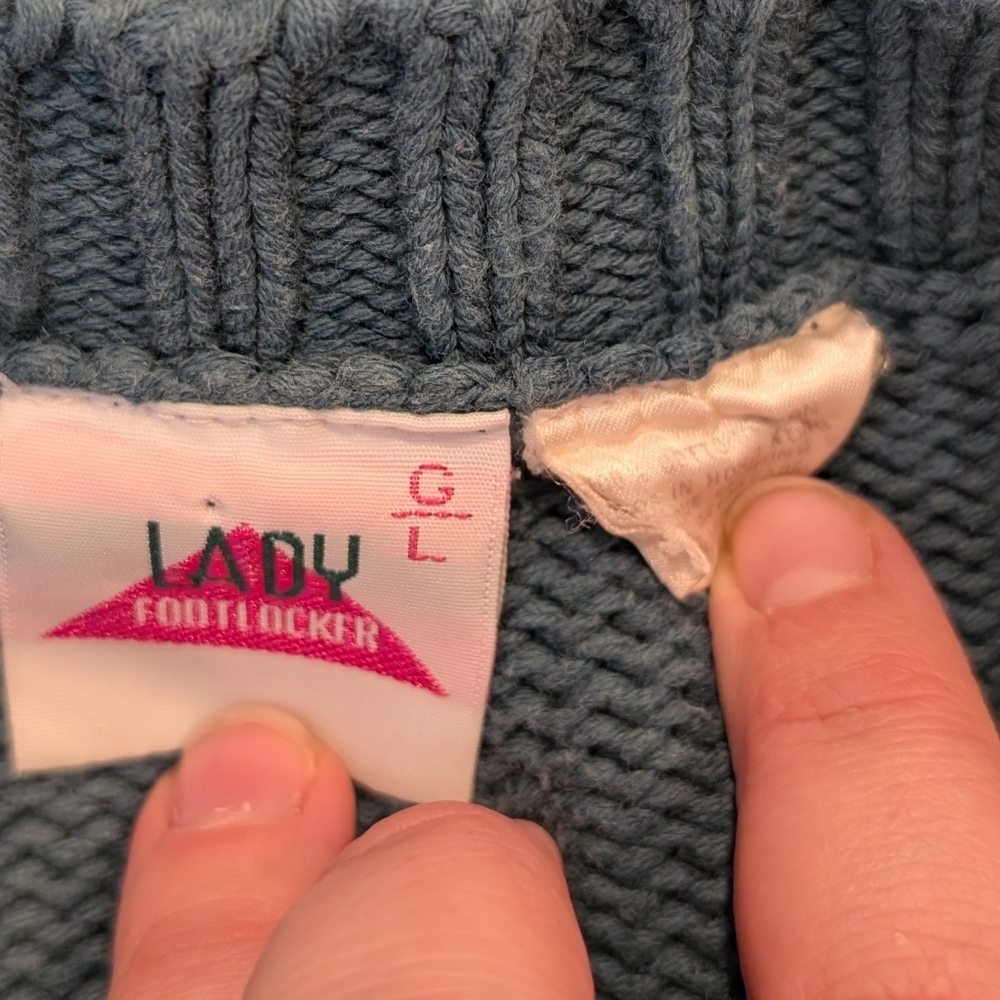 Vintage Lady Footlocker Floral Knit Sweater 100% Cotton Teal Women’s Large - Picture 4 of 9